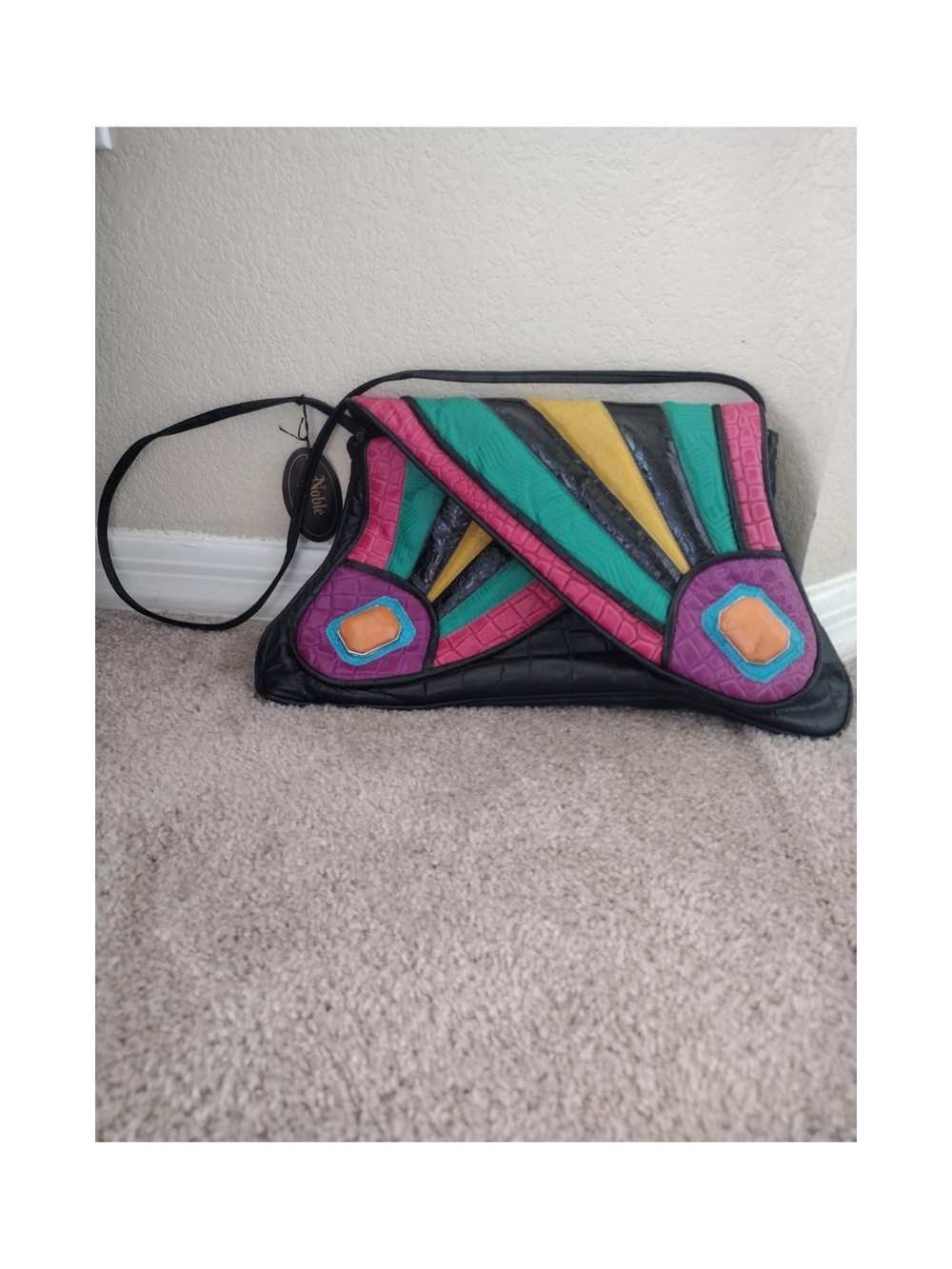1980s Noble Handbags Inc Colorful Geometric Leather Crossbody Bag - Multicolor - Picture 11 of 13